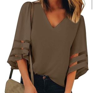 V-neck mesh panel blouse with 3/4 bell sleeves